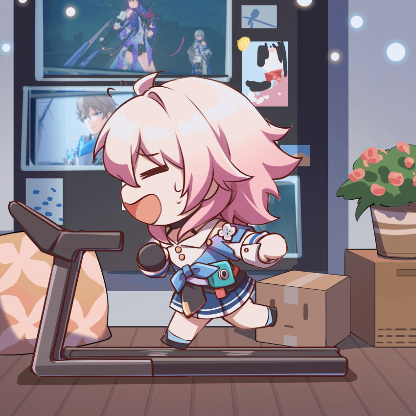1girl, animated, animated_gif, ankle_boots, black_choker, black_corset, black_footwear, black_gloves, blue_jacket, blue_skirt, boots, box, bronya_rand, camera, cardboard_box, chibi, chinese_commentary, choker, closed_eyes, commentary_request, corset, dress_shirt, flower_ornament, from_side, full_body, gepard_landau, gloves, heavy_breathing, highres, honkai:_star_rail, honkai_(series), jacket, long_sleeves, march_7th_(honkai:_star_rail), medium_hair, miniskirt, open_mouth, pink_hair, pleated_skirt, seele_(honkai:_star_rail), shirt, single_glove, skirt, solo, tied_jacket, treadmill, white_shirt, xinzhizhu