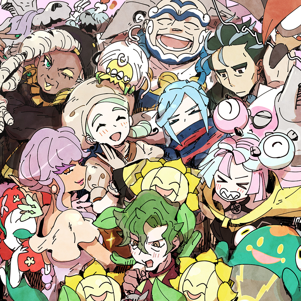 >_<, 4boys, 4girls, backwards_hat, bald, baseball_cap, beard, bellibolt