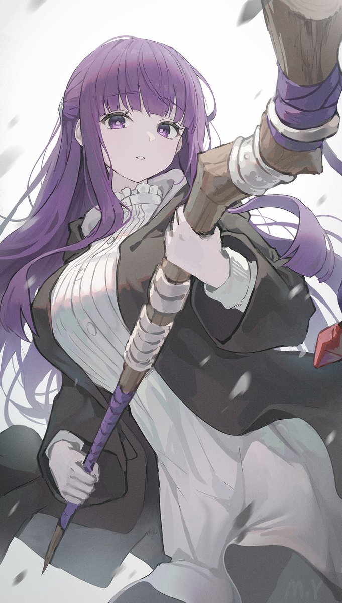 1girl, black_coat, braided_scarf, coat, cut_bangs, dress, fern_(sousou_no_frieren), gradient_background, grey_background, highres, holding, holding_staff, long_hair, looking_at_viewer, mage_staff, myung_yi, parted_lips, purple_hair, solo, sousou_no_frieren, staff, violet_eyes, white_dress
