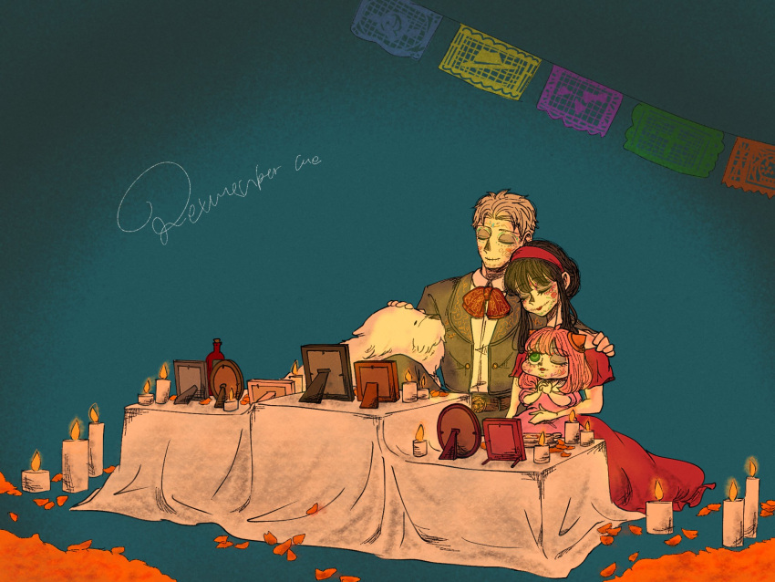 1boy, anya_(spy_x_family), bare_shoulders, black_hair, bond_(spy_x_family), bow, breasts, calavera