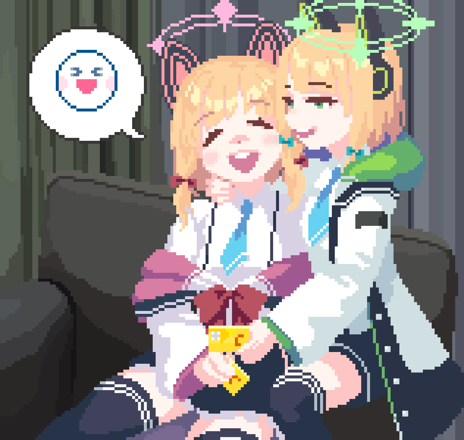 2girls, animal_ear_headphones, animal_ears, black_skirt, black_thighhighs, blackredhat, blonde_hair, blue_archive, blue_bow, blue_necktie, blush, bow, chinese_commentary, closed_eyes, collared_shirt, commentary_request, couch, fake_animal_ears, feet_out_of_frame, gaba_ana_daddy, green_eyes, green_halo, hair_bow, halo, hand_on_another's_neck, headphones, highres, holding, hood, hooded_jacket, jacket, manatsu_no_yo_no_inmu, medium_bangs, medium_hair, midori_(blue_archive), momoi_(blue_archive), multiple_girls, necktie, open_mouth, pink_halo, pixel_art, red_bow, round_teeth, shirt, sitting, skirt, smile, teeth, thigh-highs