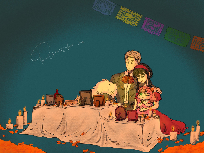 1boy, anya_(spy_x_family), bare_shoulders, black_hair, bond_(spy_x_family), bow, breasts, calavera