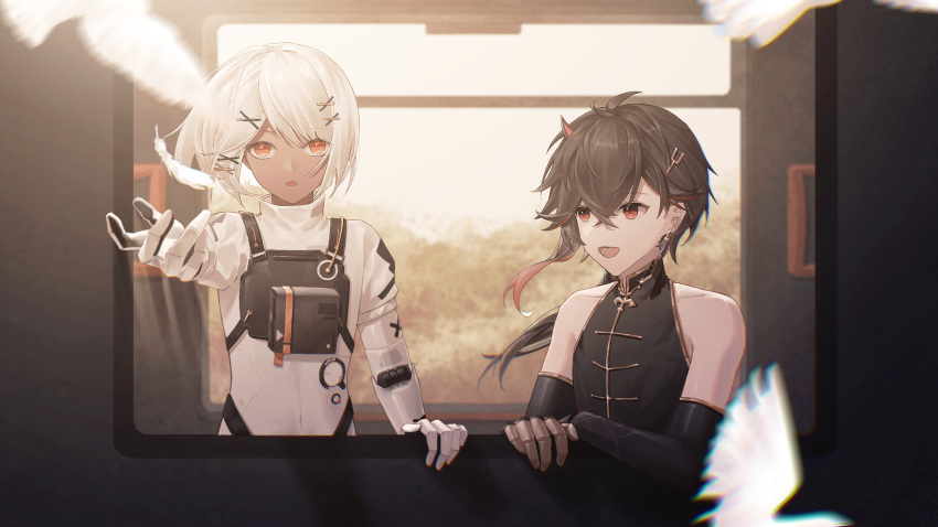 1boy, 1girl, bare_shoulders, black_hair, blurry, blurry_foreground, bodysuit, changyu:_qilin_(punishing:_gray_raven)