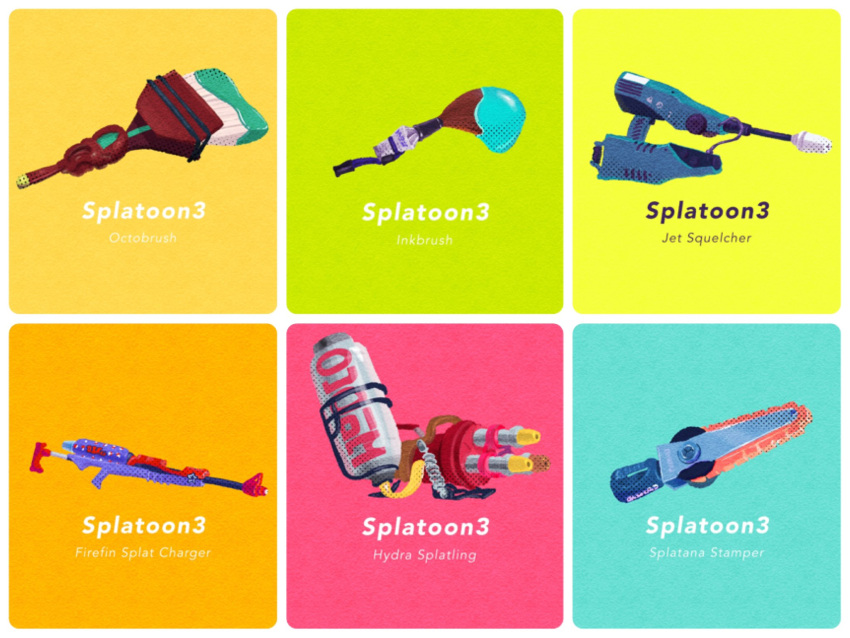 border, commentary_request, copyright_name, gatling_gun, green_background, gun, highres, hydra_splatling_(splatoon), illust_syati, inkbrush_(splatoon), jet_squelcher_(splatoon), no_humans, octobrush_(splatoon), orange_background, paintbrush, pink_background, rifle, sniper_rifle, splat_charger_(splatoon), splatana_stamper_(splatoon), splatoon_(series), splatoon_2, splatoon_3, sword, weapon, weapon_focus, weapon_name, white_border, yellow_background