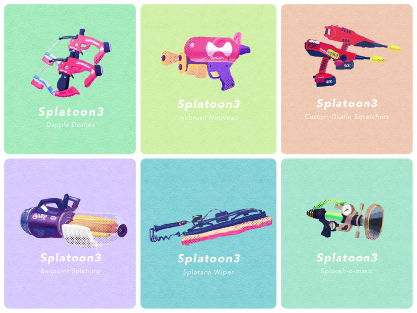ballpoint_splatling_(splatoon), blue_background, border, commentary_request, copyright_name, dapple_dualies_(splatoon), dualie_squelcher_(splatoon), gatling_gun, green_background, gun, highres, illust_syati, no_humans, purple_background, red_background, splatana_wiper_(splatoon), splatoon_(series), splatoon_2, splatoon_3, splattershot_(splatoon), sploosh-o-matic_(splatoon), sword, weapon, weapon_focus, weapon_name, white_border