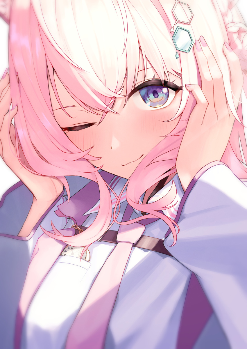 1girl, ;3, absurdres, animal_ears, blush, braid, braided_bun, chest_belt