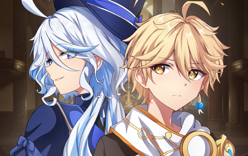1boy, 1girl, aether_(genshin_impact), ahoge, black_shirt, blonde_hair, blue_eyes, blue_hair
