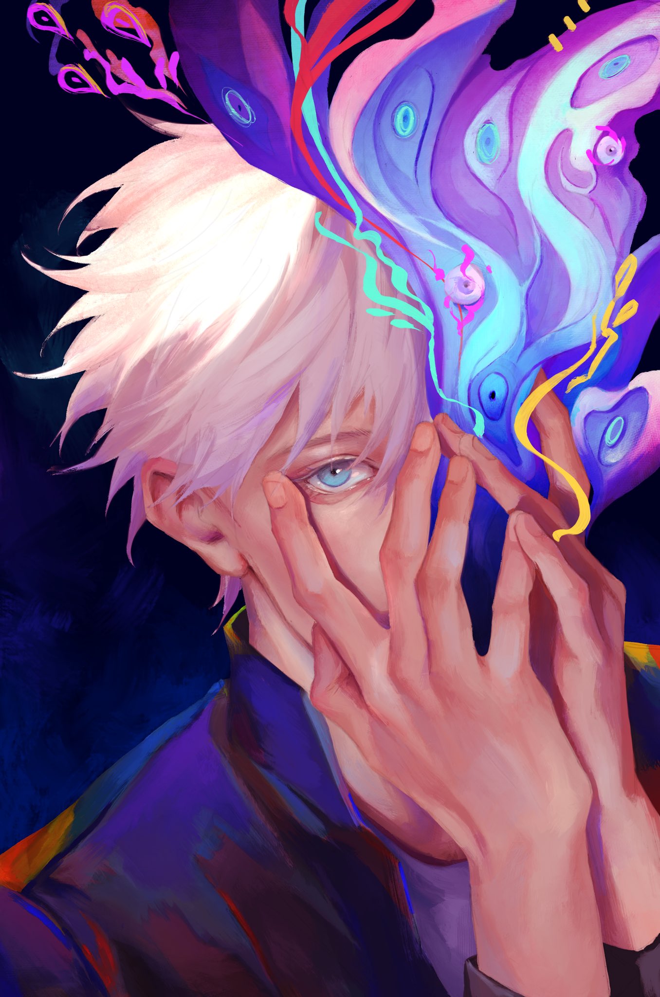 1boy, 3aem, black_jacket, blue_background, blue_eyes, gojou_satoru, hands_on_own_face, hands_up