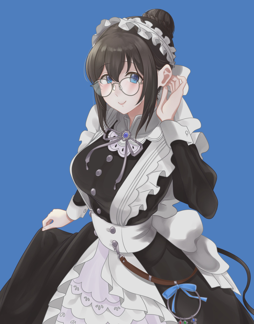 1girl, absurdres, black_dress, black_hair, blue_background, blue_eyes, blush, braid, braided_bun, breasts, dress, hair_between_eyes, hair_bun, hand_up, highres, idolmaster, idolmaster_cinderella_girls, keyring, long_sleeves, looking_at_viewer, maid_headdress, medium_breasts, sagisawa_fumika, simple_background, skirt_hold, smile, solo, suzuohkami, wrist_cuffs