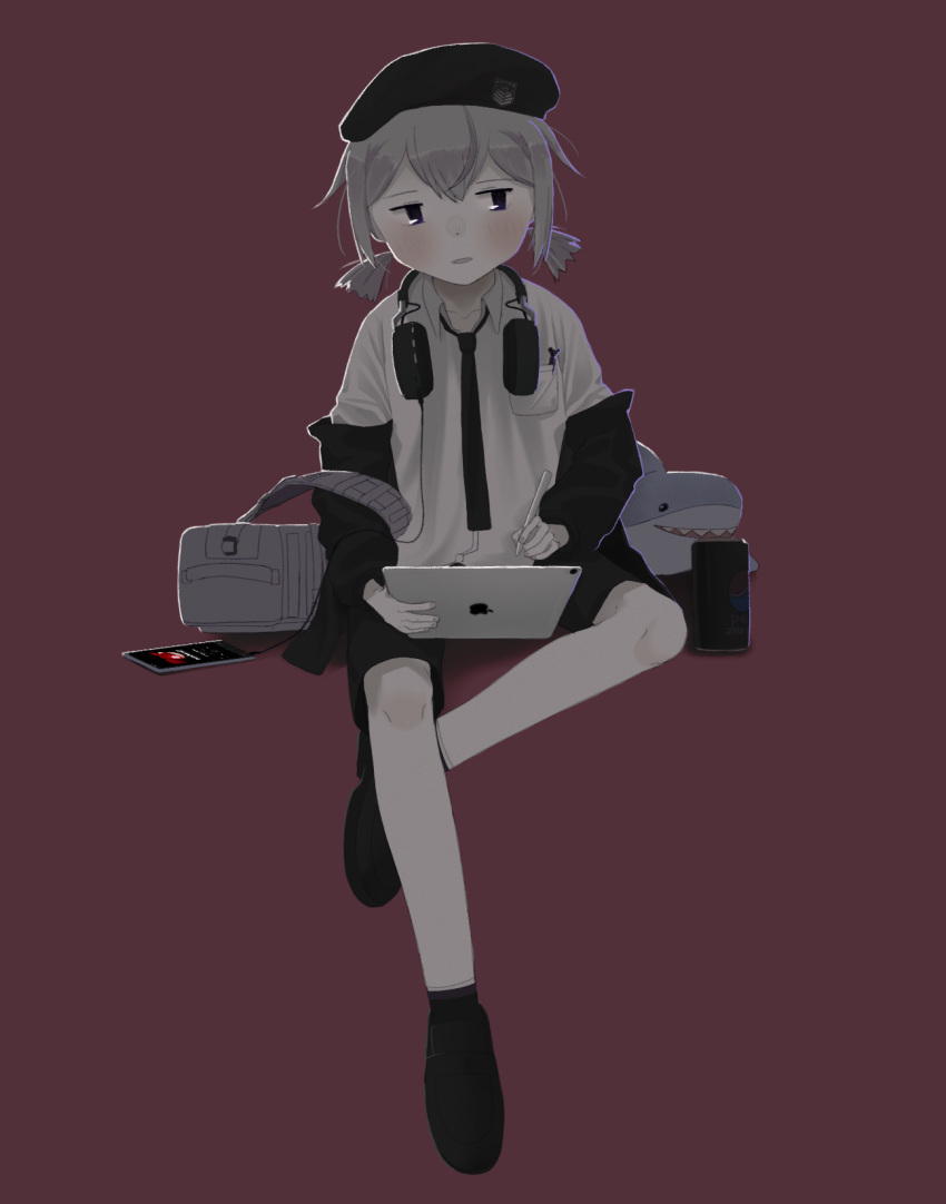 backpack, bag, black_necktie, ccg, cellphone, collared_shirt, girls_frontline, headphones