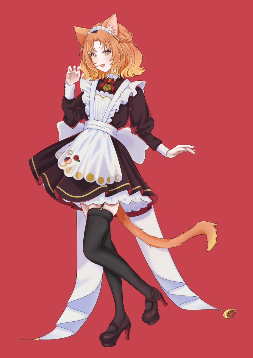 1girl, :d, absurdres, animal_ears, apron, black_dress, black_footwear, black_thighhighs, braid, cat_ears, cat_tail, dress, full_body, garter_straps, high_heels, highres, long_sleeves, looking_at_viewer, maid, maid_apron, medium_hair, moon_phases, moon_print, orange_hair, original, parted_bangs, puffy_long_sleeves, puffy_sleeves, red_background, smile, standing, suzuohkami, tail, thigh-highs