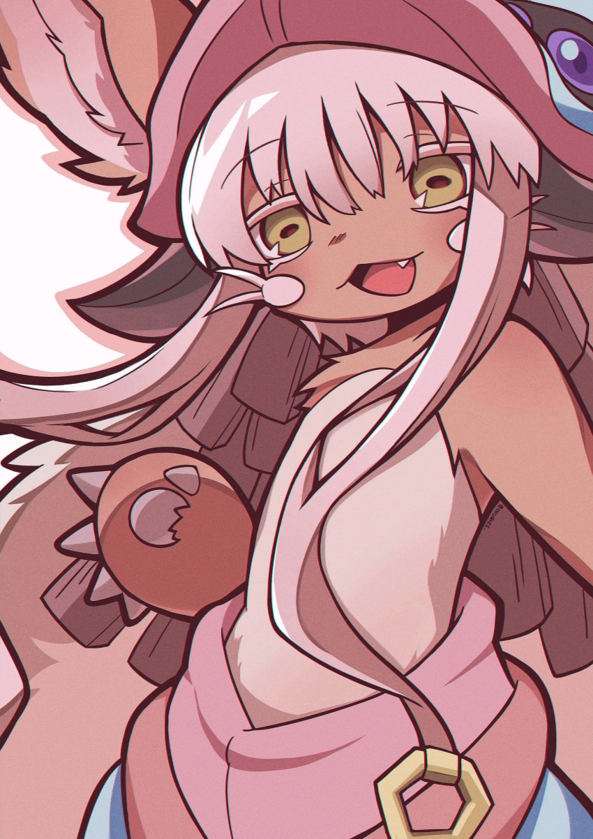 1other, androgynous, body_fur, brown_fur, choppy_bangs, cowboy_shot, ears_through_headwear, fang, furry, furry_other, green_eyes, hair_between_eyes, half-closed_eyes, highres, horizontal_pupils, inurice, made_in_abyss, nanachi_(made_in_abyss), open_mouth, smile, whiskers, white_background, white_hair