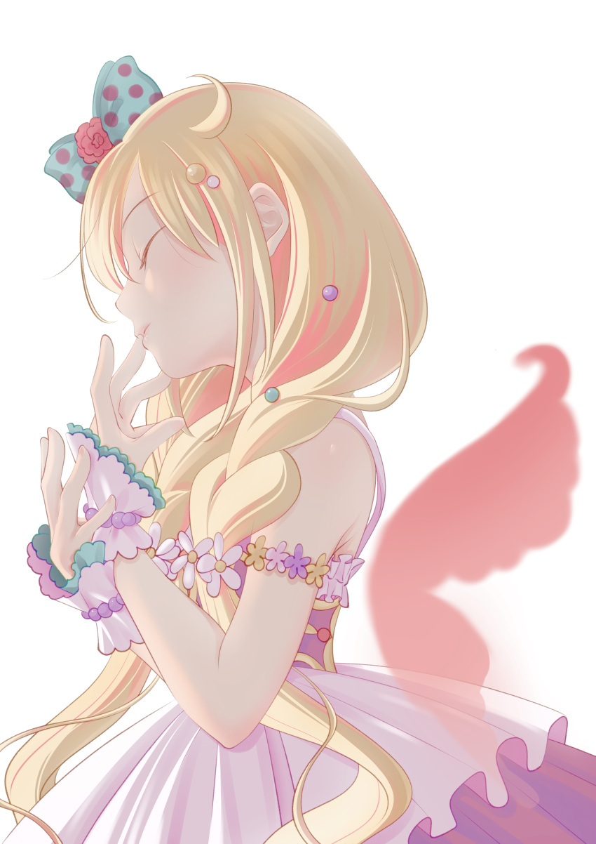 1girl, absurdres, blonde_hair, bow, closed_eyes, dress, flower_armlet, futaba_anzu