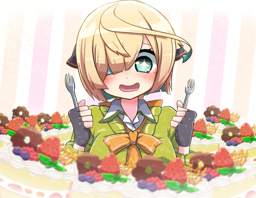 1girl, aqua_eyes, aqua_hair, black_gloves, blonde_hair, blush, bow, bowtie