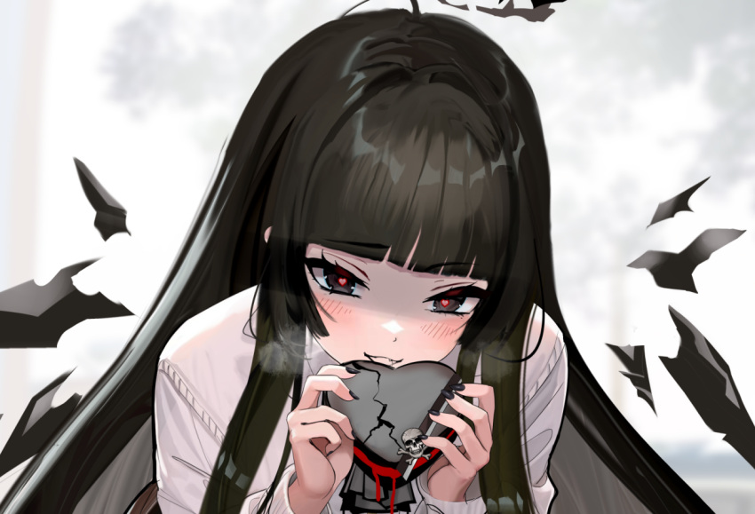 1girl, ahoge, arknights, ascot, backlighting, black_ascot, black_eyes, black_hair, black_halo, black_nails, black_wings, blunt_bangs, blurry, blurry_background, blush, box, breath, broken_halo, broken_heart, chinese_commentary, clear_sky, close-up, commentary_request, crack, crazy_smile, damaged, damaged_gift, dark_halo, depth_of_field, detached_wings, dot_nose, energy_wings, fingernails, gift, gift_box, halo, hands_up, heart, heart-shaped_box, heart-shaped_pupils, hime_cut, holding, holding_box, holding_gift, holding_razor, holding_skull, leaf, leaning_forward, long_hair, long_sleeves, looking_at_viewer, mikuning, nail_polish, open_box, open_mouth, pale_skin, portrait, razor, shirt, sidelocks, skull, sky, smile, solo, symbol-shaped_pupils, tree, virtuosa_(arknights), white_shirt, white_sky, wings, yandere