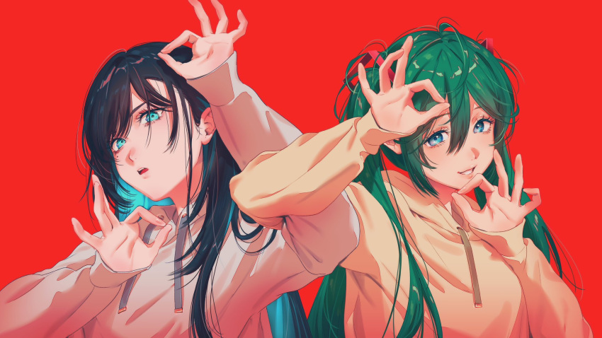 2girls, ado_(utaite), blue_eyes, blue_hair, breasts, clenched_teeth, cloud_nine_inc, colored_inner_hair, commentary_request, daisukisan, double_ok_sign, green_hair, hair_between_eyes, hatsune_miku, highres, hood, hood_down, hoodie, light_blue_hair, locked_arms, long_hair, long_sleeves, looking_at_viewer, mole, mole_under_eye, multicolored_hair, multiple_girls, official_art, open_mouth, red_background, sidelocks, simple_background, small_breasts, smile, teeth, twintails, two-tone_hair, upper_body, upper_teeth_only, utaite, vocaloid
