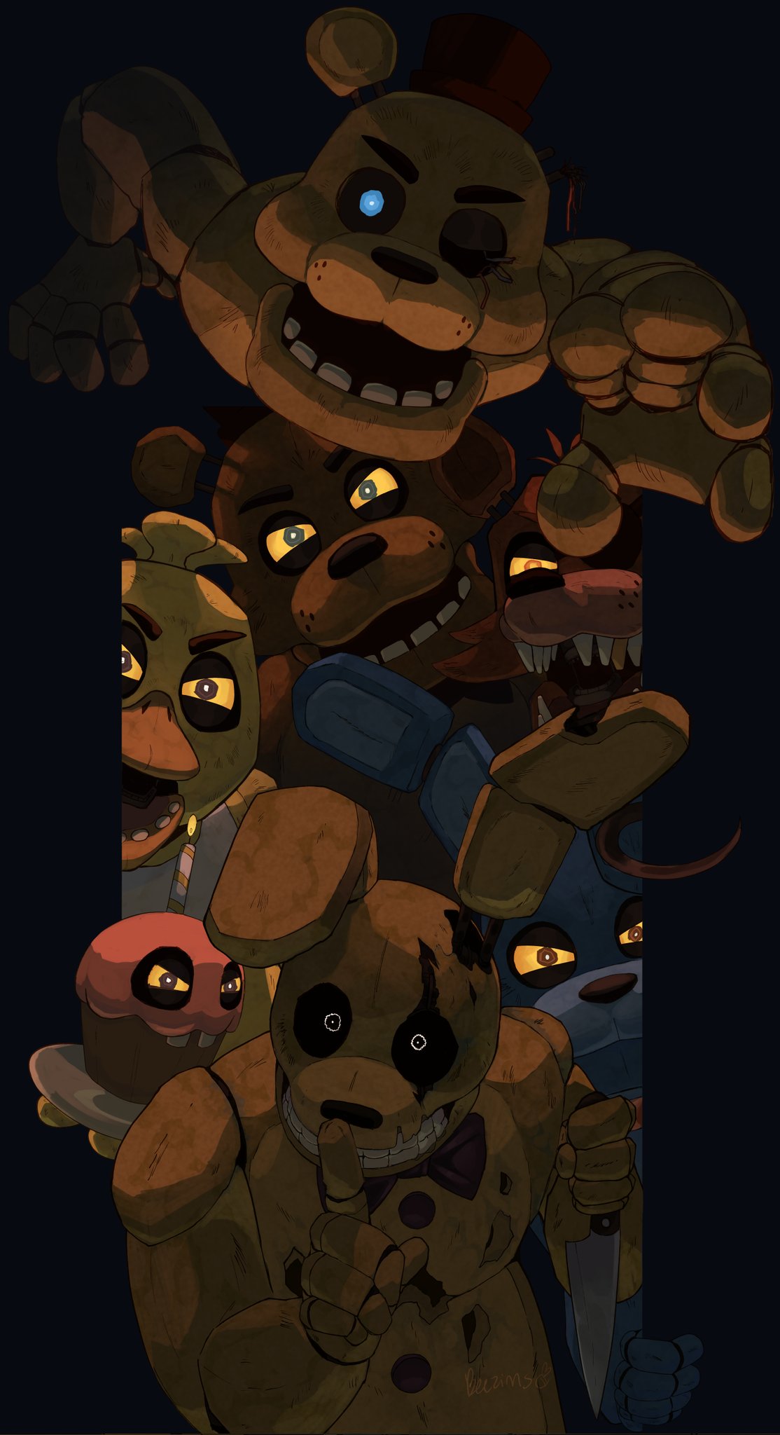 1girl, 6+boys, bear, beezims, bird, blue_eyes, bonnie_(fnaf), bow, bowtie, broken, brown_eyes, buck_teeth, chica, chicken, colored_sclera, cupcake, fez_hat, finger_to_mouth, five_nights_at_freddy's, food, fox, foxy_(fnaf), freddy_fazbear, glowing, glowing_eyes, golden_freddy, grey_eyes, highres, holding, holding_knife, horror_(theme), knife, looking_at_viewer, mr._cupcake, multiple_boys, one-eyed, orange_eyes, outstretched_arm, plate, red_bow, red_bowtie, robot, sharp_teeth, signature, smile, spring_bonnie_(fnaf), teeth, white_eyes, yellow_sclera