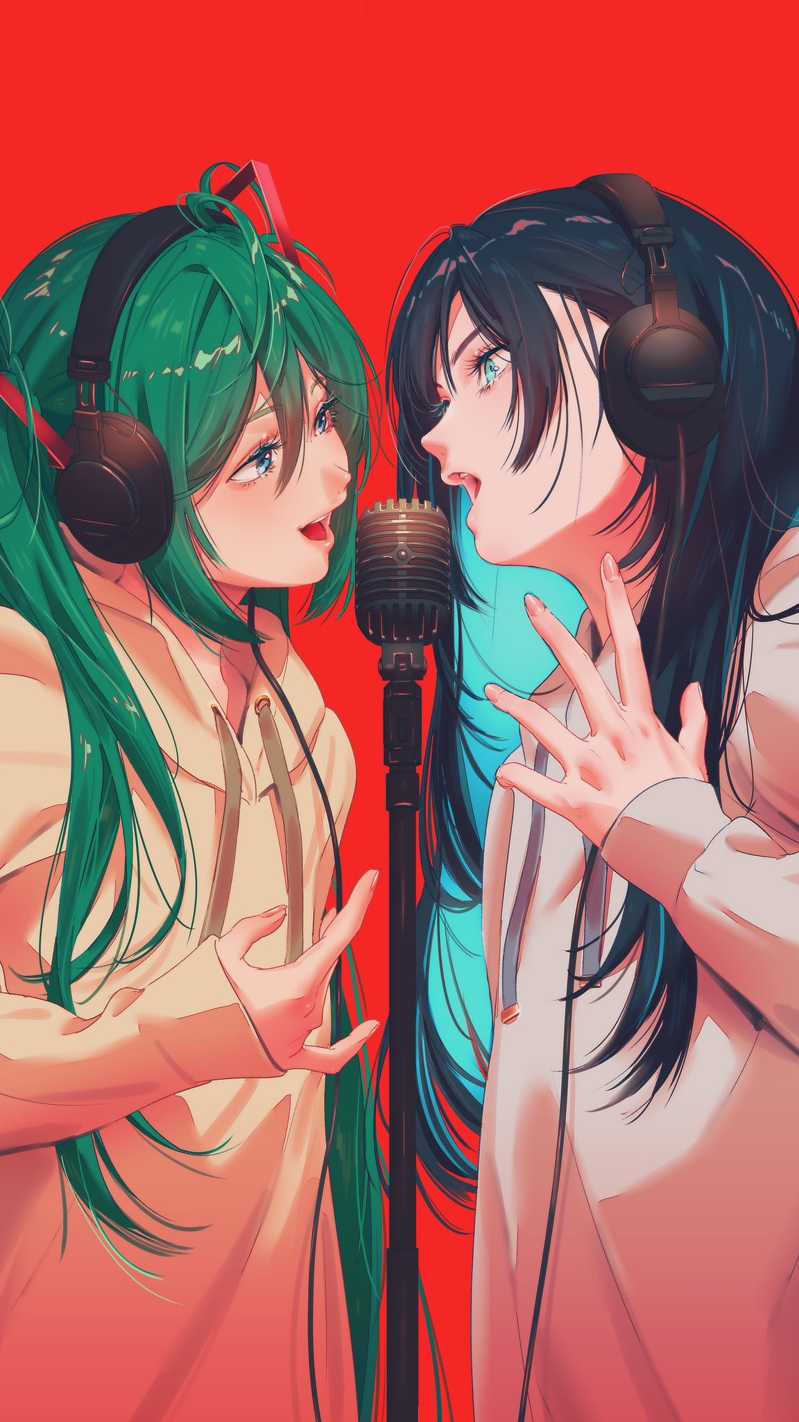 2girls, ado_(utaite), blue_eyes, blue_hair, cloud_nine_inc, colored_inner_hair, commentary_request, cowboy_shot