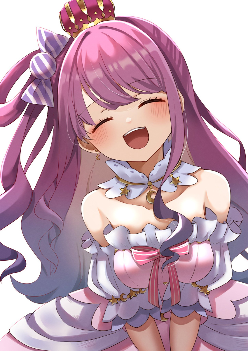 1girl, blush, candy_hair_ornament, closed_eyes, collar, crescent, crescent_earrings, crown