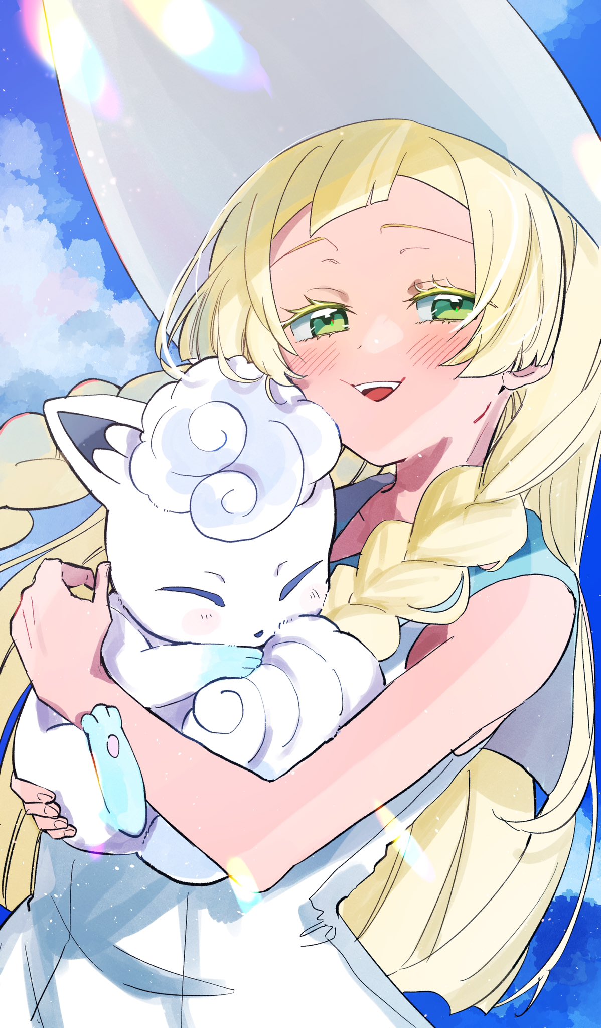 1girl, alolan_vulpix, blonde_hair, blunt_bangs, blush, braid, clouds, cloudy_sky