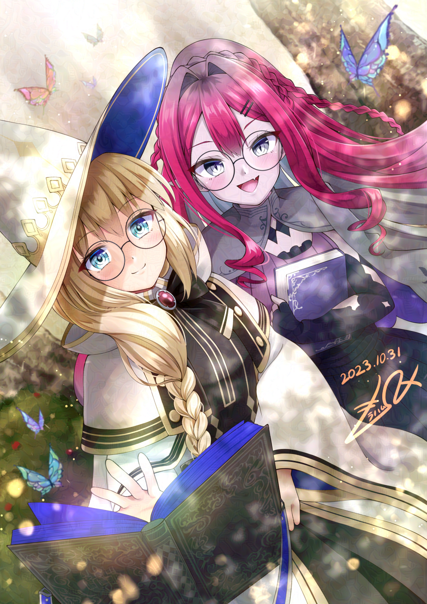 2girls, baobhan_sith_(fate), baobhan_sith_(swimsuit_pretender)_(fate), baobhan_sith_(swimsuit_pretender)_(second_ascension)_(fate), blonde_hair, blue_eyes, blush, book, bow, braid, bug, butterfly, closed_mouth, colored_inner_hair, day, detached_sleeves, fang, fate/grand_order, fate_(series), floating, floating_book, floating_object, forest, glasses, grey_eyes, gu-rahamu_omega_x, hat, highres, holding, holding_book, jewelry, long_hair, looking_at_viewer, multicolored_hair, multiple_girls, nature, open_mouth, outdoors, pink_hair, pointy_ears, robe, side_braid, sidelocks, signature, smile, tonelico_(fate), tonelico_(first_ascension)_(fate), white_headwear, white_robe, witch_hat