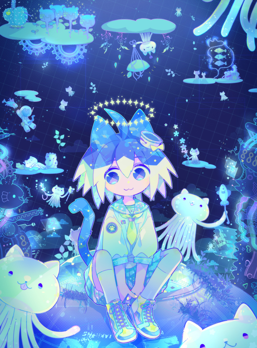 1boy, :3, absurdres, animal_ears, arms_between_legs, binzoko_paroma, blue_flower, blue_halo