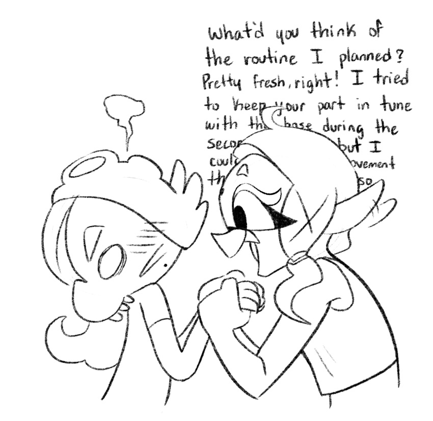 2girls, bare_arms, bare_shoulders, black_eyes, blush, boffix, chibi, crop_top, ear_wiggle, embarrassed, from_side, frye_(splatoon), giving_up_the_ghost, head_steam, highres, hikimayu, holding_hands, hunched_over, inkling, leaning_forward, long_eyelashes, medium_hair, mole, mole_on_forehead, mole_under_mouth, monochrome, multiple_girls, octoling, profile, shirt, shiver_(splatoon), short_eyebrows, short_sleeves, side_ponytail, sleeveless, sleeveless_shirt, splatoon_(series), splatoon_3, suction_cups, t-shirt, tank_top, tentacle_hair, yuri