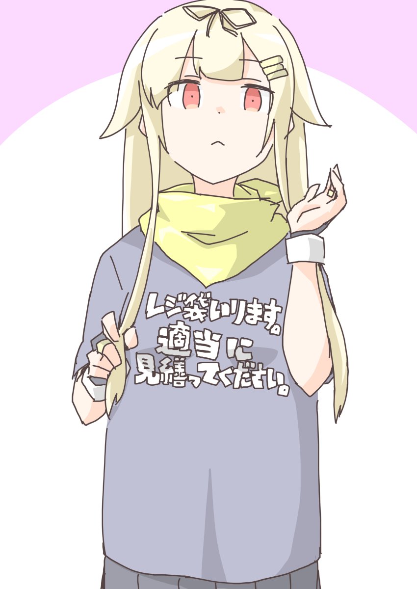 1girl, akara_kai, alternate_costume, bandana, bandana_around_neck, black_ribbon, blonde_hair, clothes_writing