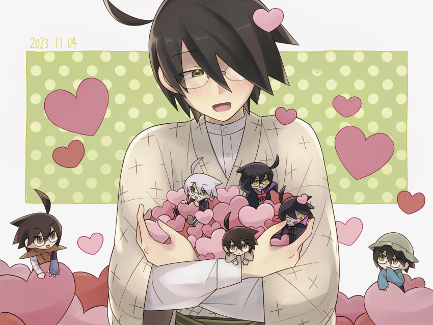 absurdres, black_cape, black_hair, black_jacket, blue_jacket, cape, chibi, clone