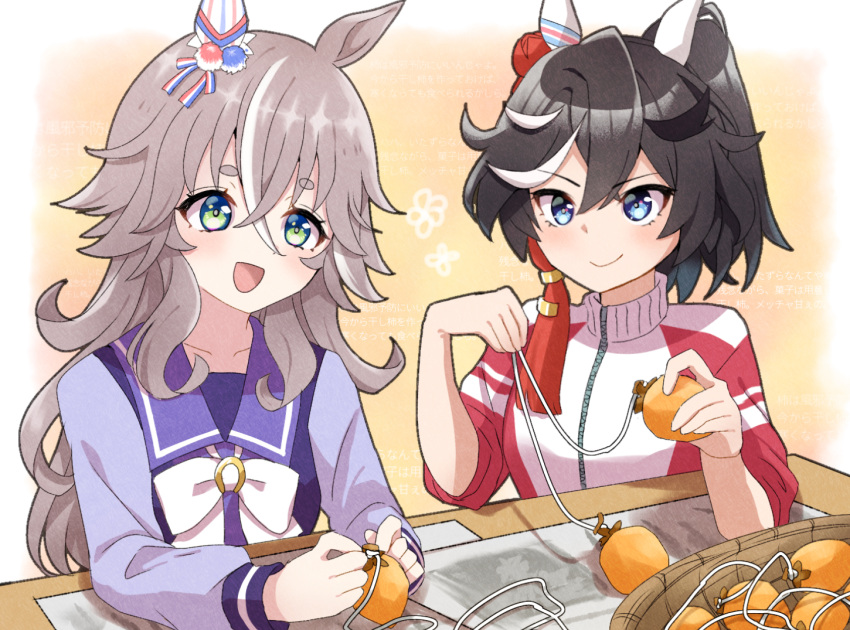 2girls, animal_ears, black_hair, blue_eyes, blush, bow, closed_mouth, commentary_request