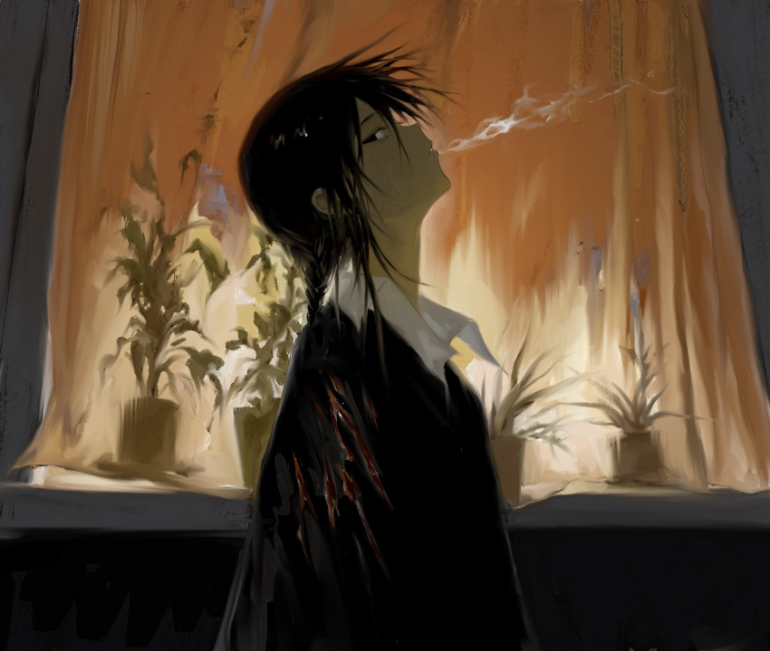 1girl, black_eyes, black_hair, black_jacket, braid, collared_shirt, curtains, from_side
