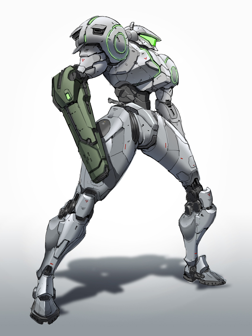 1girl, alternate_costume, arm_cannon, armor, cho_yonghee, full_armor, full_body, gradient_background