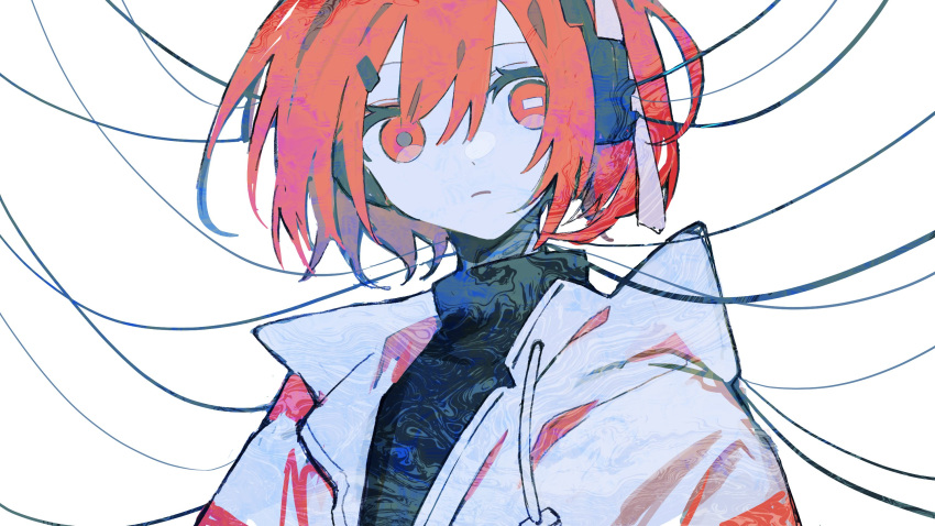 1girl, a.i._voice, adachi_rei, black_shirt, cable, commentary_request, expressionless, hair_ribbon