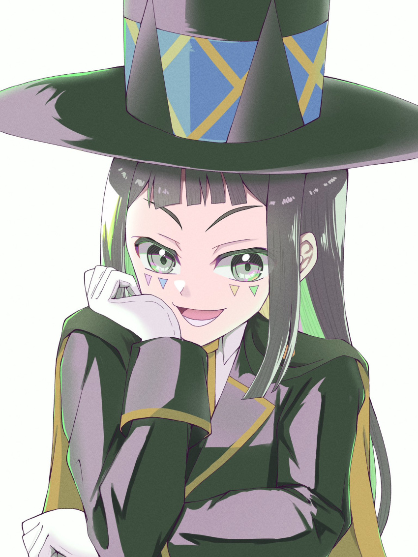 1girl, beyblade, beyblade_x, black_hair, facial_tattoo, gloves, hat, highres, long_hair, looking_at_viewer, multicolored_hair, nanairo_multi, official_alternate_costume, simple_background, solo, suit, tattoo, top_hat, umikisana