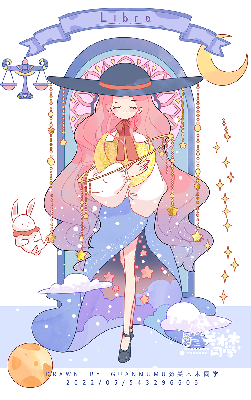 1girl, artist_name, balance_scale, black_footwear, black_headwear, blue_hair, blue_skirt, blush_stickers