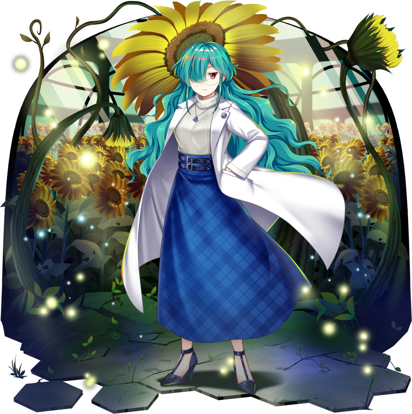 blue_hair, blue_skirt, flower, garden, highres, kazami_yuuka, non-web_source, rotte_(1109)