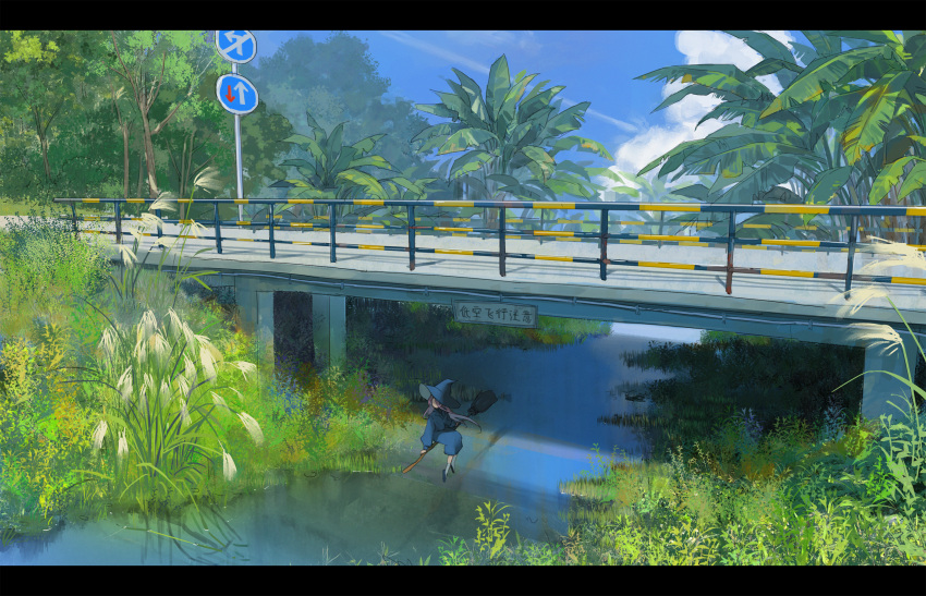 1girl, blue_dress, blue_headwear, blue_sky, bridge, broom, broom_riding, clouds