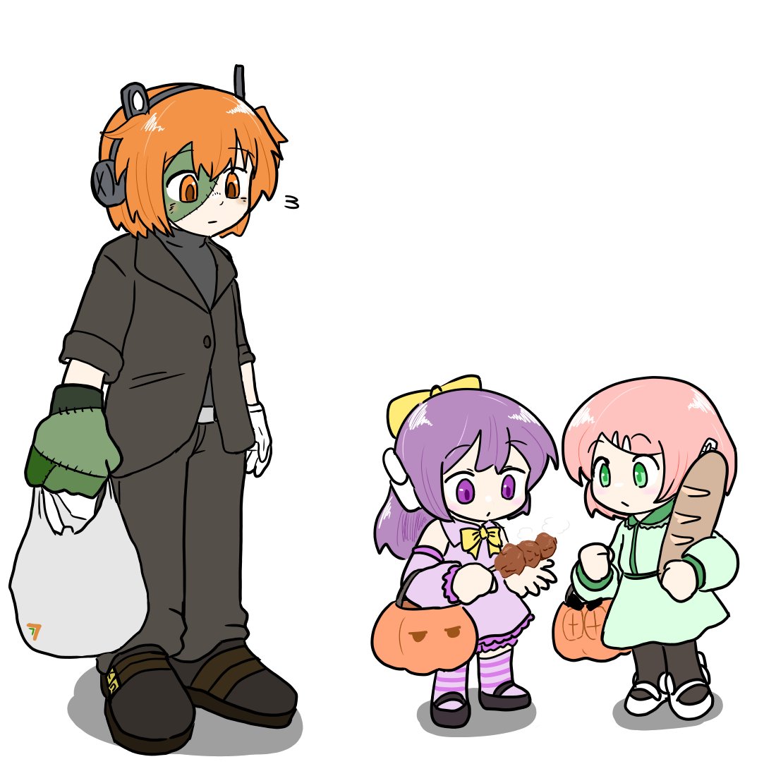 3girls, :/, a.i._voice, adachi_rei, arms_at_sides, asymmetrical_gloves, bag, baguette