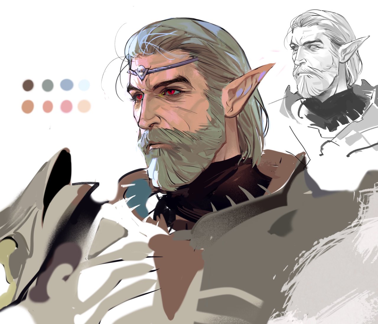 1boy, armor, baldur's_gate, baldur's_gate_3, beard, blue_octopus12, chinese_commentary, circlet, color_guide, commentary_request, dungeons_and_dragons, elf, expressionless, facial_hair, from_side, grey_hair, hair_pulled_back, inset, ketheric_thorm, looking_ahead, male_focus, mature_male, pauldrons, pointy_ears, portrait, red_eyes, short_hair, shoulder_armor, simple_background, white_background