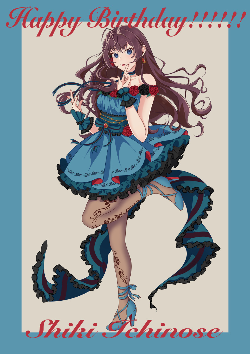 1girl, absurdres, bare_shoulders, blue_eyes, blue_footwear, blue_wrist_cuffs, brown_hair, brown_pantyhose