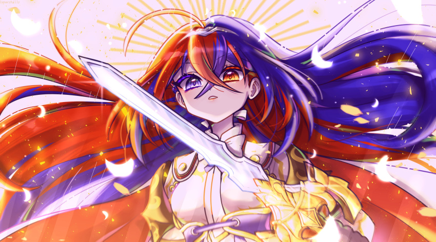 1girl, absurdres, alear_(female)_(fire_emblem), alear_(fire_emblem), blue_eyes, fire_emblem, fire_emblem_engage, heterochromia, highres, holding, holding_sword, holding_weapon, liberation_(fire_emblem), lunacyhilly, multicolored_hair, open_mouth, red_eyes, solo, sword, two-tone_hair, upper_body, weapon