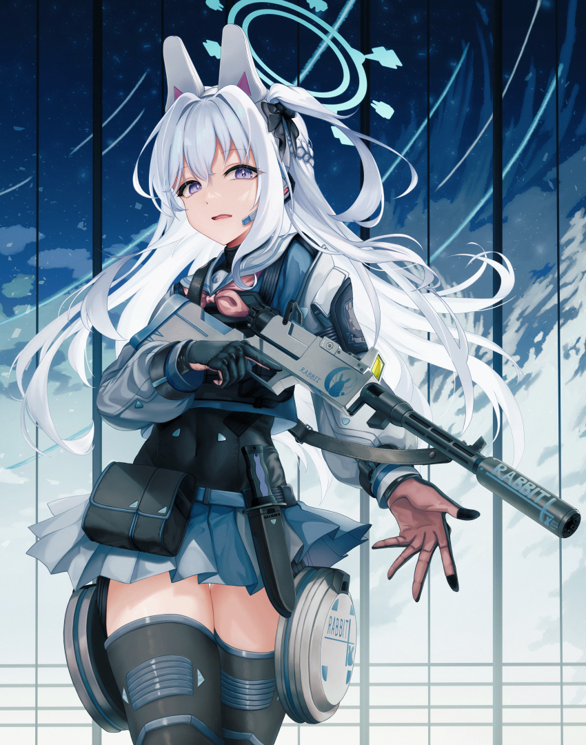 1girl, absurdres, animal_ears, blue_archive, blue_halo, blue_serafuku, blue_skirt, braid, cowboy_shot, crown_braid, earpiece, fake_animal_ears, gloves, gun, hair_between_eyes, halo, highres, holding, holding_gun, holding_weapon, long_hair, long_sleeves, mikanjam, miyako_(blue_archive), one_side_up, open_mouth, pleated_skirt, rabbit_ears, sailor_collar, school_uniform, serafuku, skirt, solo, two-tone_skirt, violet_eyes, weapon, white_hair, white_sailor_collar, white_skirt