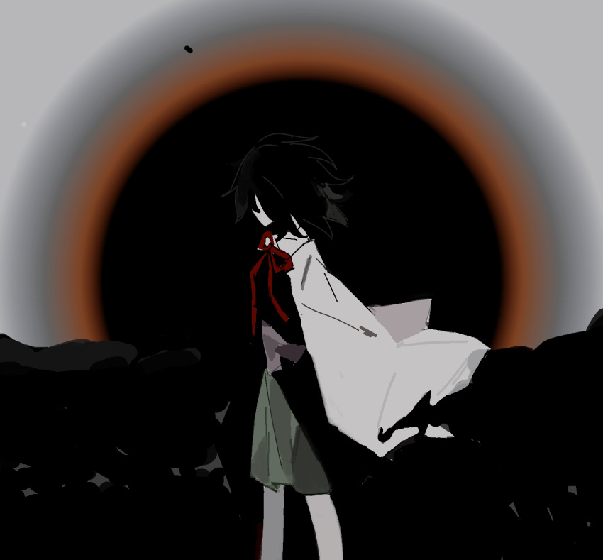 1other, androgynous, black_coat, black_hair, bow, bowtie, chinese_commentary, coat, collared_shirt, commentary_request, detached_sleeves, eclipse, enraku_tsubakura, feet_out_of_frame, from_side, green_hakama, green_skirt, hair_lift, hakama, hakama_short_skirt, hakama_skirt, highres, japanese_clothes, len'en, long_sleeves, looking_afar, no_headwear, other_focus, outdoors, red_bow, red_bowtie, shirt, short_hair, skirt, sleeve_lift, sleeveless, sleeveless_coat, solar_eclipse, solo, tiankong_yiji, white_shirt, white_sleeves, wide_hips