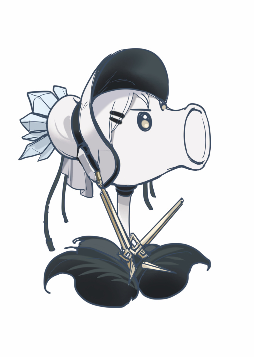 1girl, baimanchuan, bonnet, cable, chinese_commentary, commentary, full_body, fusion, haicma:_starveil_(punishing:_gray_raven), haicma_(punishing:_gray_raven), hair_ornament, hairclip, highres, leaf, monsterification, parody, plants_vs_zombies, punishing:_gray_raven, repeater_(plants_vs_zombies), simple_background, solo, white_background, white_hair, white_headwear, yellow_eyes