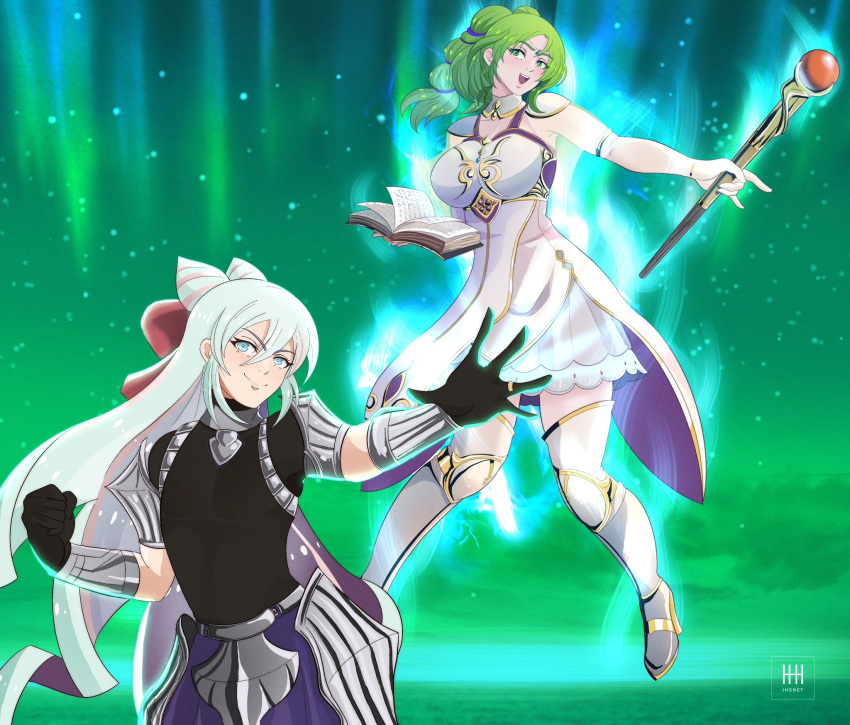 1boy, 1girl, boots, fire_emblem, fire_emblem_engage, fire_emblem_heroes, green_hair, highres