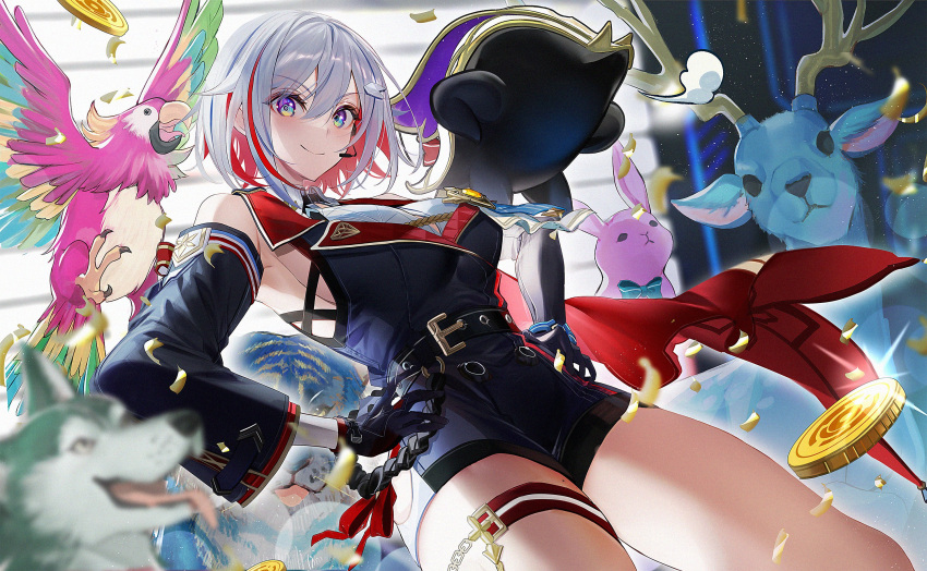 animal, armpits, belt, bird, black_belt, black_gloves, black_sleeves, breasts, coin, colored_inner_hair, deer, detached_sleeves, dog, gloves, gold, hair_between_eyes, hands_on_own_hips, highres, honkai:_star_rail, honkai_(series), kawachi_rin, large_breasts, looking_at_viewer, medium_hair, microphone, multicolored_hair, numby_(honkai:_star_rail), rabbit, red_eyeliner, redhead, sideboob, smile, streaked_hair, thigh_strap, thighs, tiger, topaz_(honkai:_star_rail), warp_trotter_(honkai:_star_rail)