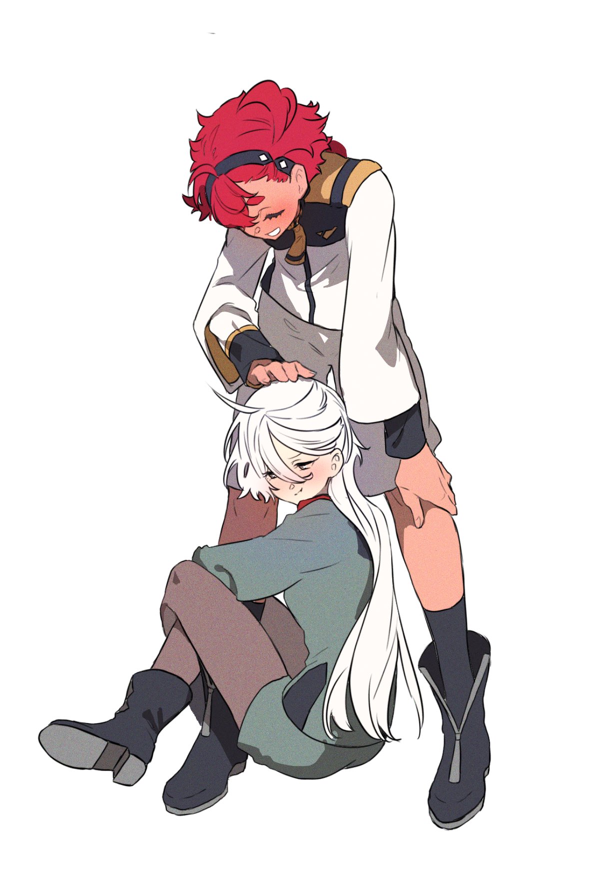 2girls, ahoge, asticassia_school_uniform, black_hairband, blush, closed_eyes, green_jacket, green_shorts