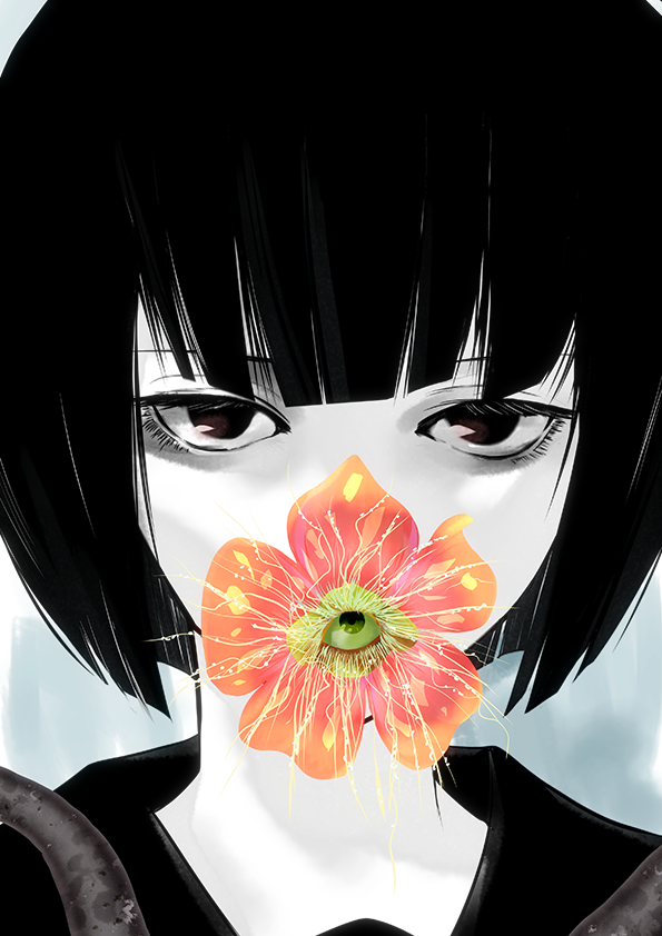 1girl, black_eyes, black_hair, black_sailor_collar, bob_cut, commentary_request, covered_mouth, disembodied_eye