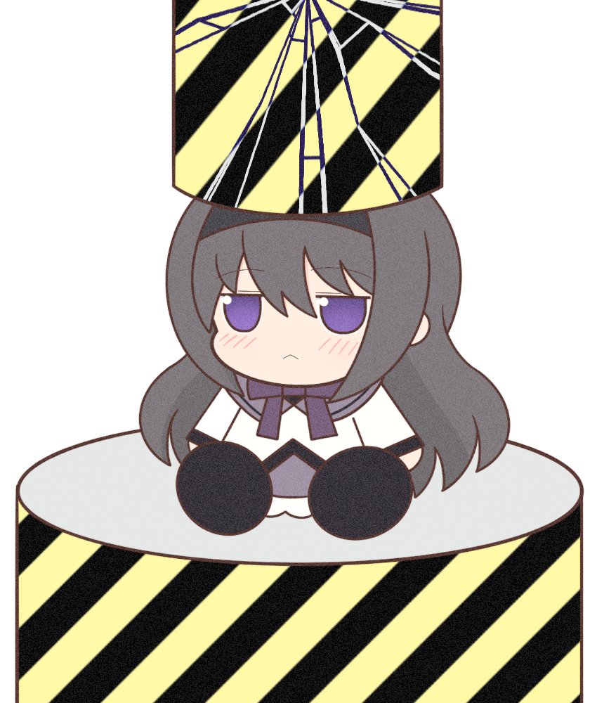 1girl, :<, akemi_homura, black_capelet, black_hair, black_hairband, boots, bow