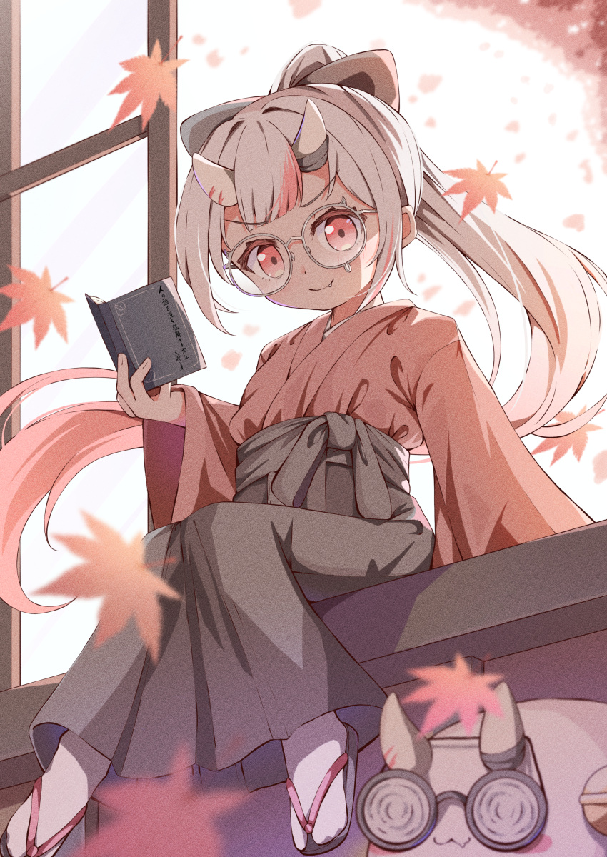 >:), 1girl, absurdres, autumn_leaves, black_bow, black_footwear, black_hakama, black_skirt, blush, bow, center-flap_bangs, closed_mouth, commentary_request, fang, fang_out, geta, gradient_hair, grey_hair, hair_bow, hakama, hakama_skirt, high_ponytail, highres, hololive, horns, japanese_clothes, kimono, kyouwashi, leaf, long_hair, looking_at_viewer, maple_leaf, multicolored_hair, nakiri_ayame, oni_horns, poyoyo_(nakiri_ayame), red_eyes, red_kimono, redhead, round_eyewear, sitting, skirt, smile, solo, streaked_hair, teardrop-framed_glasses, v-shaped_eyebrows, virtual_youtuber, window_shade